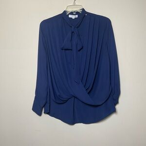 Derek Lam Collective Size 48 US 12 Navy Draped Blouse Tie Neck Long Sleeve